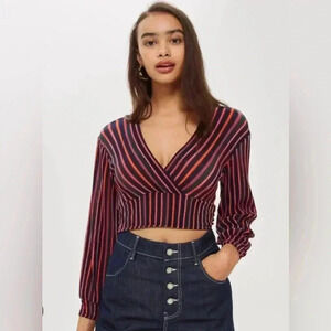 Topshop Striped Plisse Wrap Top in Navy Cropped Plunge Neck Blouse